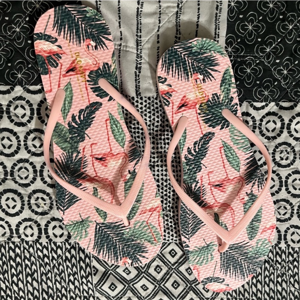 Women’s Flamingo Tropical Pink and Green Flip Flops